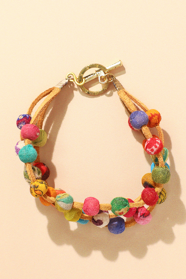 Leather & Sari Bead Bracelet