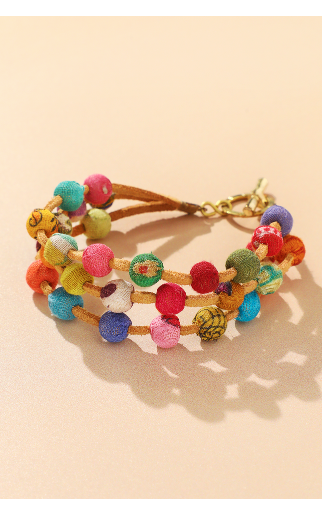 Leather & Sari Bead Bracelet