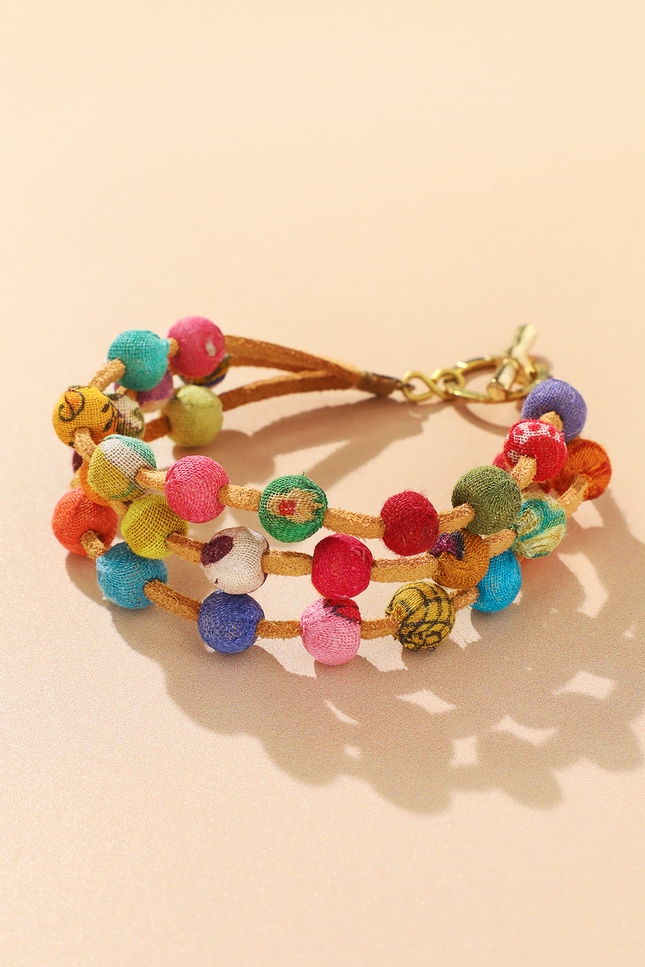 Leather & Sari Bead Bracelet