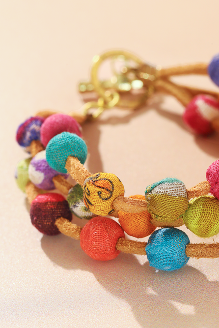 Leather & Sari Bead Bracelet
