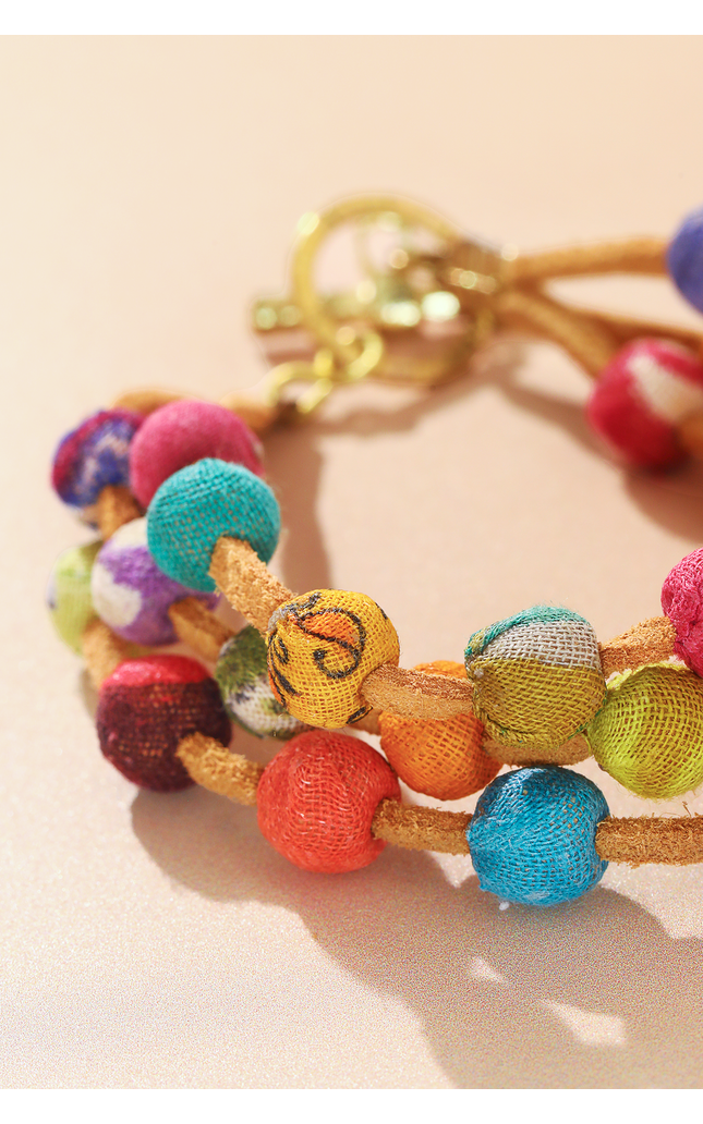 Leather & Sari Bead Bracelet