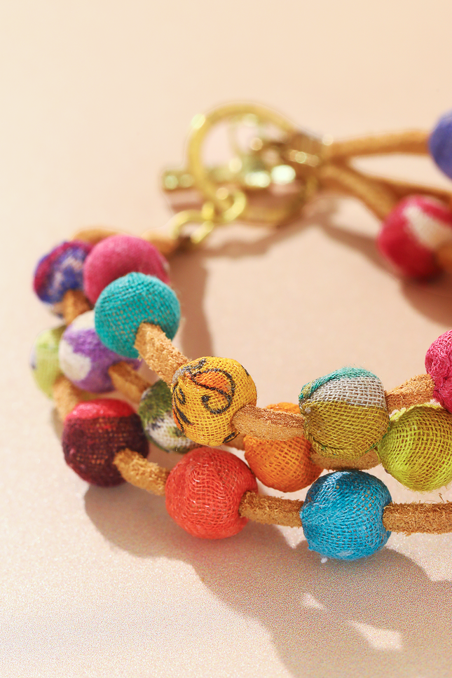Leather & Sari Bead Bracelet