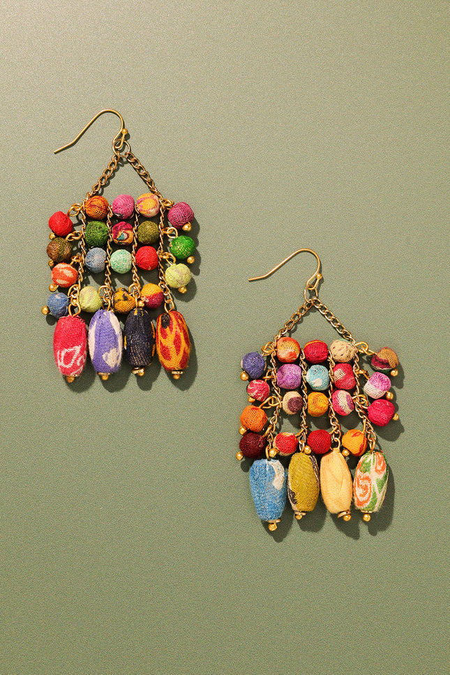 Multicolor Fabric Bead Chandelier Earrings