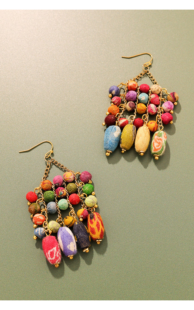 Multicolor Fabric Bead Chandelier Earrings