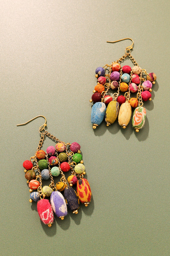 Multicolor Fabric Bead Chandelier Earrings
