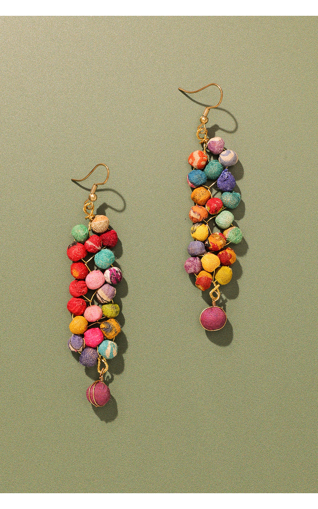Cascading Multicolored Fabric Bead Earrings