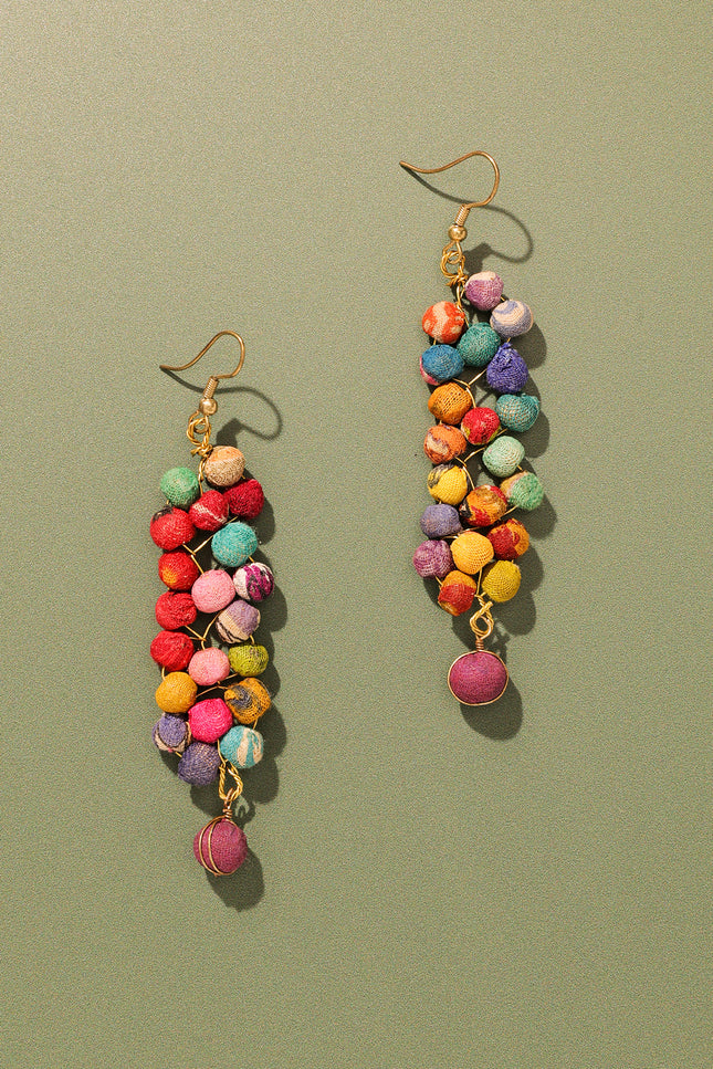 Cascading Multicolored Fabric Bead Earrings