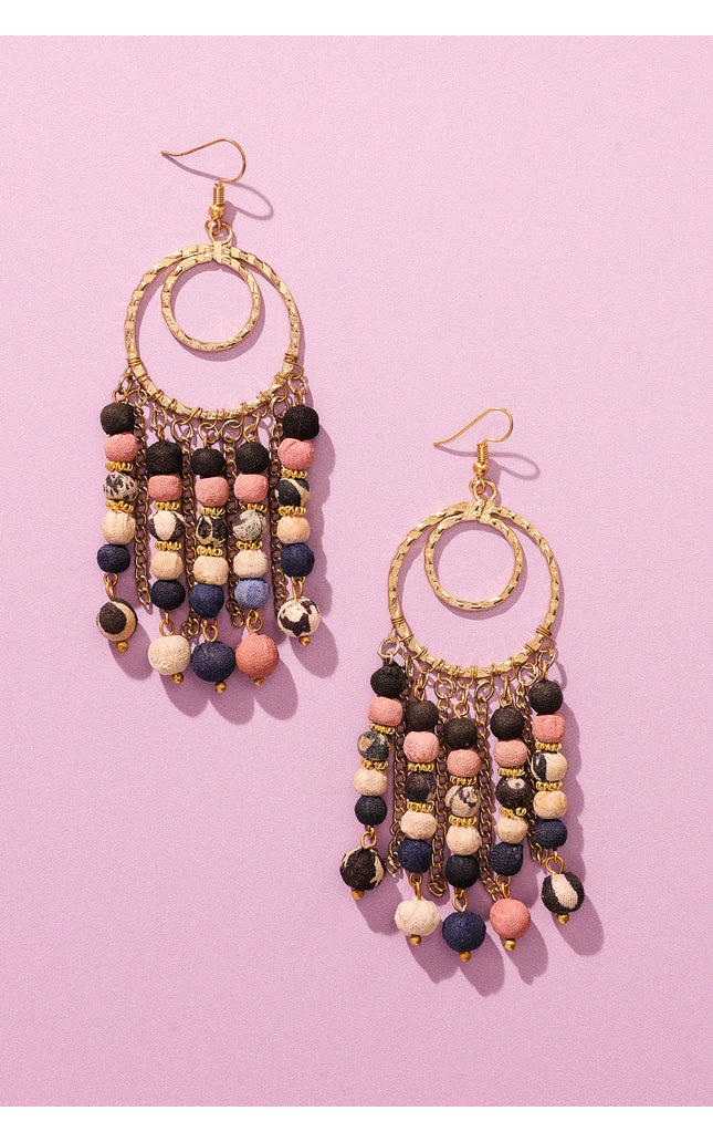 Fabric Beads Tassel Dangle Earrings