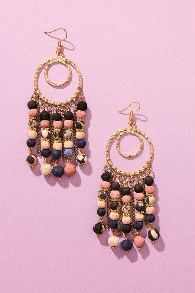 Fabric Beads Tassel Dangle Earrings
