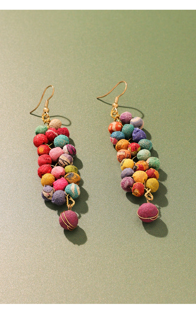 Cascading Multicolored Fabric Bead Earrings
