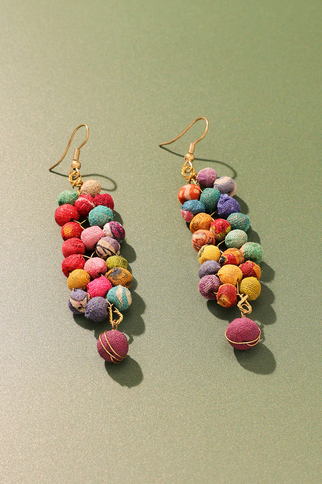 Cascading Multicolored Fabric Bead Earrings