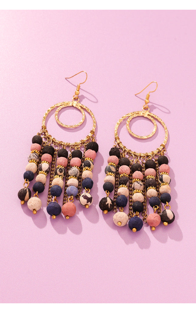 Fabric Beads Tassel Dangle Earrings