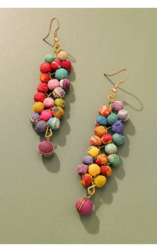 Cascading Multicolored Fabric Bead Earrings