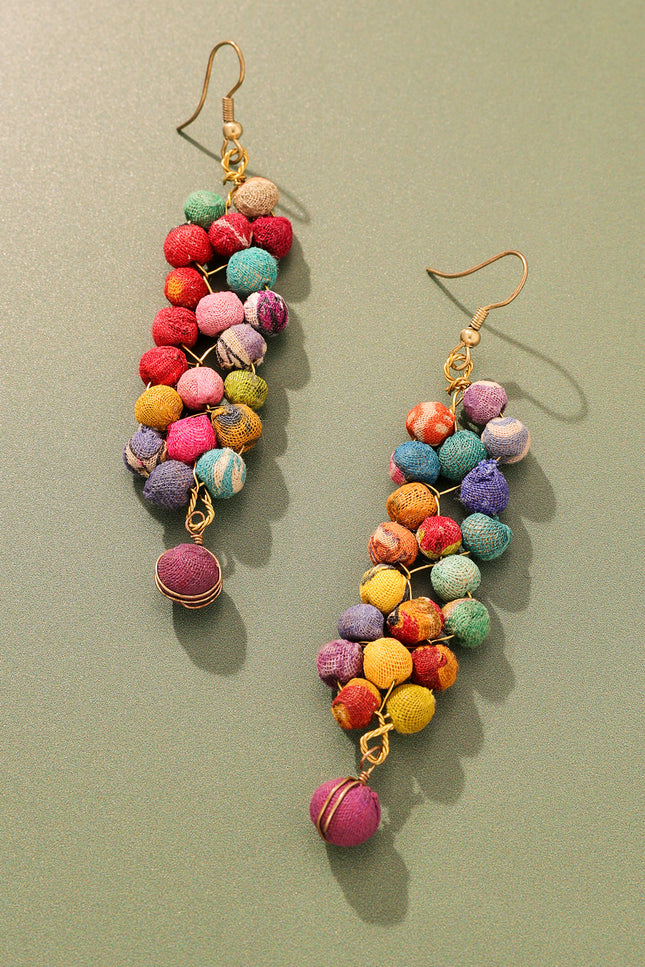 Cascading Multicolored Fabric Bead Earrings