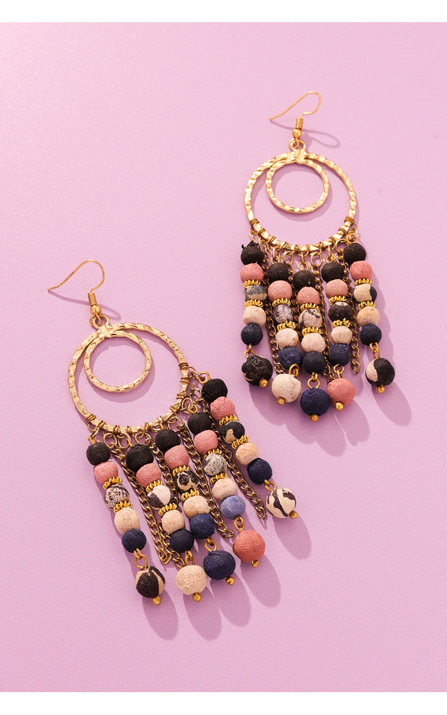 Fabric Beads Tassel Dangle Earrings