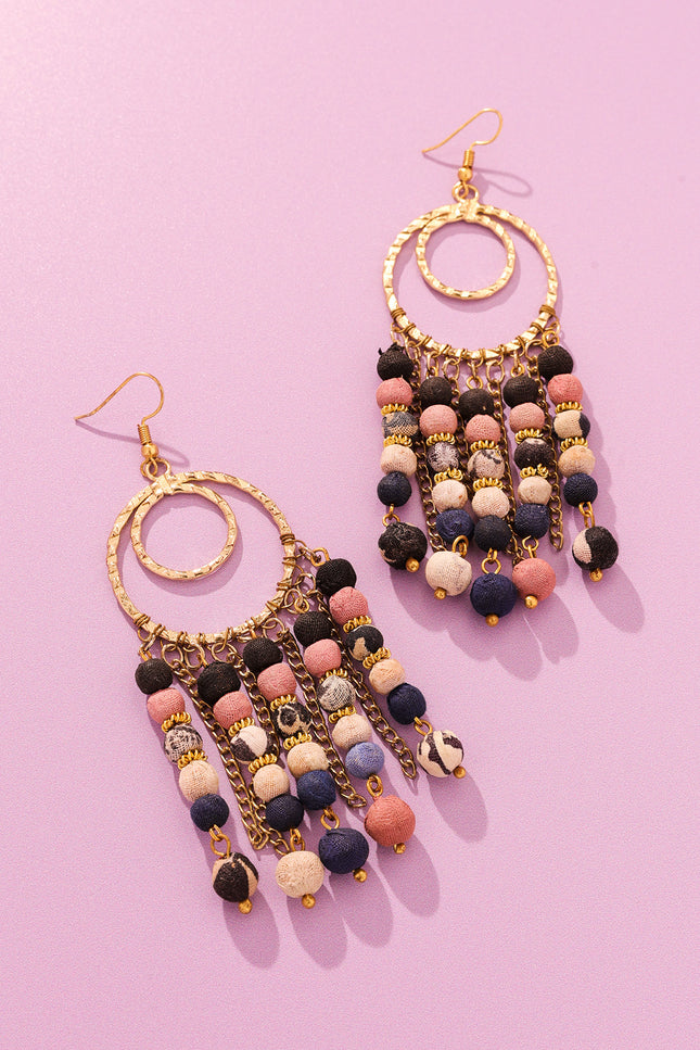 Fabric Beads Tassel Dangle Earrings