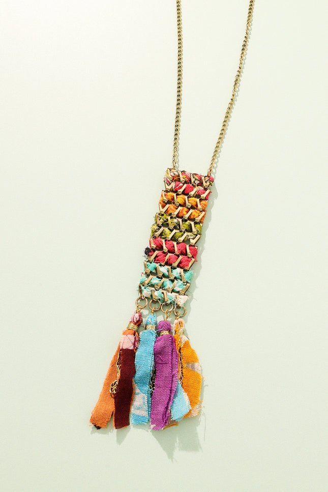 Rectangular Tassel Charm  Necklace