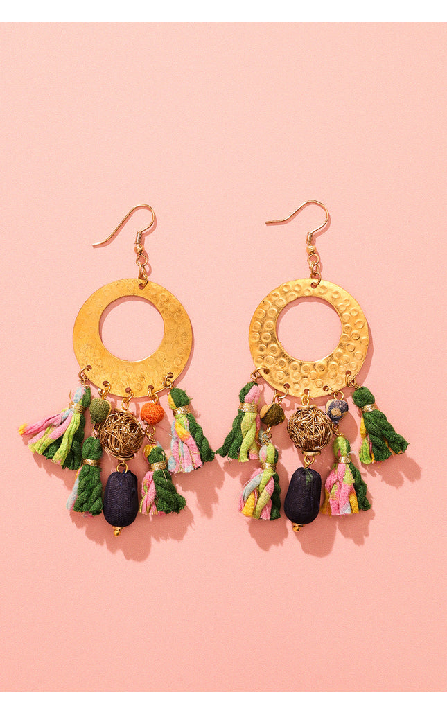 Golden Disc Tassel Earrings